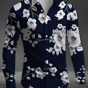 New Fashion Handsome Men’s Long Sleeve Shirt Men’s Casual 3D Flower Printed Button Collar Long Sleeve Top Men