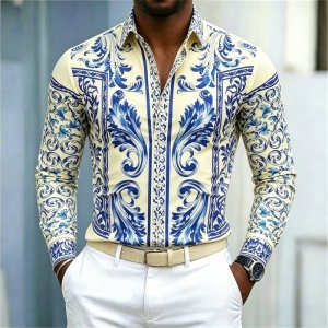 Men’s Shirt  Business Banquet Printed Shirt  Rice Bottom Blue And White Porcelain Blue Pattern Baroque Pattern Long Sleeved Shir