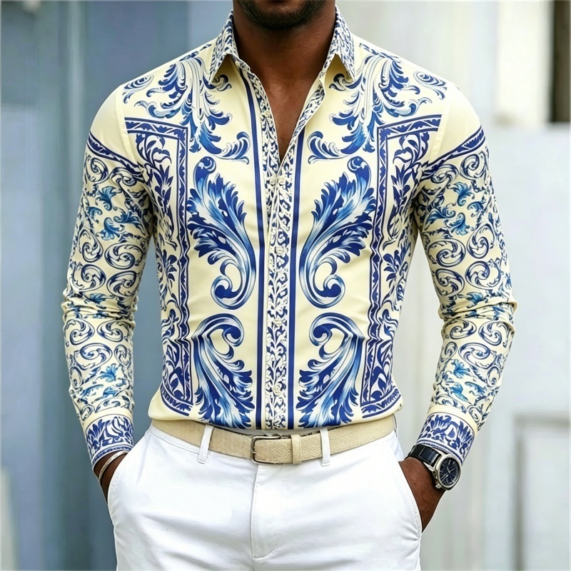 Men's Shirt  Business Banquet Printed Shirt  Rice Bottom Blue And White Porcelain Blue Pattern Baroque Pattern Long Sleeved Shir