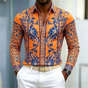 Men’s Shirt  Business Banquet Printed Shirt  Rice Bottom Blue And White Porcelain Blue Pattern Baroque Pattern Long Sleeved Shir