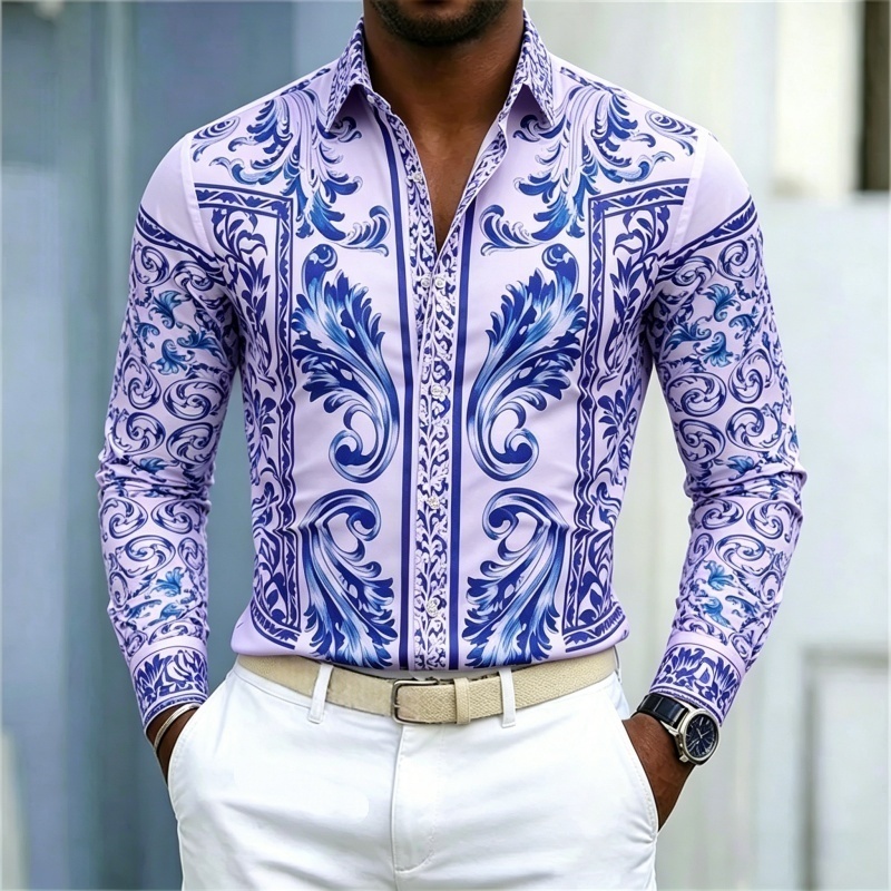 Men's Shirt Business Banquet Printed Shirt Rice Bottom Blue And White Porcelain Blue Pattern Baroque Pattern Long Sleeved Shir