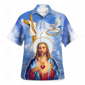 Men’s Shirts Resort Vacation 3D Printed Jesus Artistic Men’s Resort Hawaiian Button Up Shirts Summer Short Sleeve Plus Size Vacation Tee Shirt Blouse