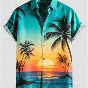 Men’s Beach Sunset Coconut Tree Print Short Sleeve Shirt, Spring Summer Hawaiian Vacation Casual Top, Pocket Lapel Style