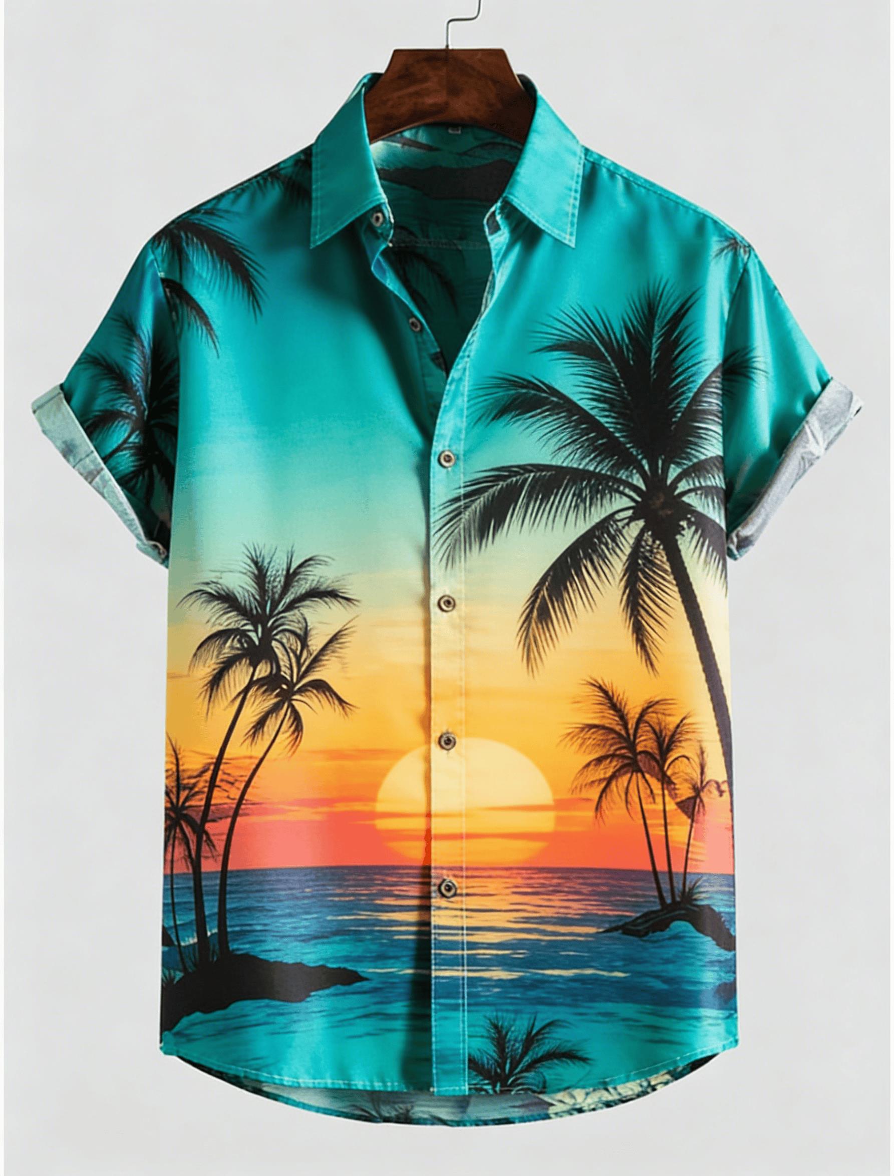 Men's Beach Sunset Coconut Tree Print Short Sleeve Shirt, Spring Summer Hawaiian Vacation Casual Top, Pocket Lapel Style