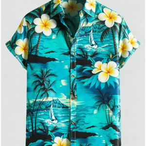 Men’s Beach Sunset Coconut Tree Print Short Sleeve Shirt, Spring Summer Hawaiian Vacation Casual Top, Pocket Lapel Style