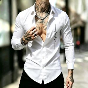 Men’s Long Sleeved Shirt  Casual And Fashionable  Letter Printed  Elastic  Street Style  Comfortable And Breathable Top  XS-6XL。