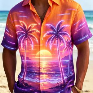 Men’s Tropical Neon Landscape Printed Short Sleeved shirt, Natural And Distinctive style, For Summer Parties And Daily Styles