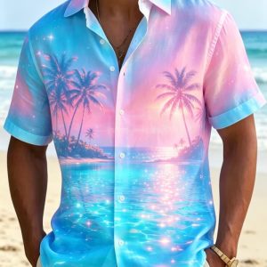 Men’s Tropical Neon Landscape Printed Short Sleeved shirt, Natural And Distinctive style, For Summer Parties And Daily Styles