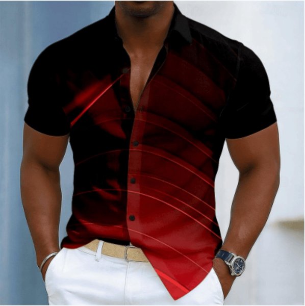 Men’s Gradient Stripe Line Print Short Sleeve Shirt, Spring Summer Edgy Casual Party Blouse, Loose Casual Top