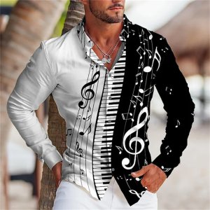 2025 Summer Men’s Long Sleeves Shirt with Musical Instrument Symbol Pattern Printed Collar, Cardigan, Street Casual Shirt