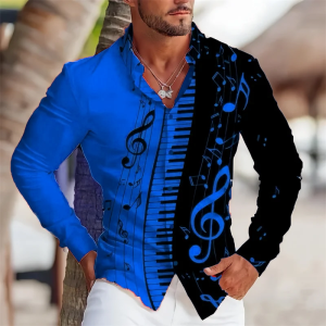 2025 Summer Men’s Long Sleeves Shirt with Musical Instrument Symbol Pattern Printed Collar, Cardigan, Street Casual Shirt