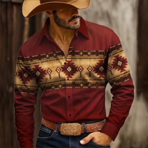 Vintage Southwest Tribal Geometric Border Print Men Long Sleeve Button Down Shirt Western Style Daily Top For