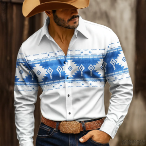 Vintage Southwest Tribal Geometric Border Print Men Long Sleeve Button Down Shirt Western Style Daily Top For