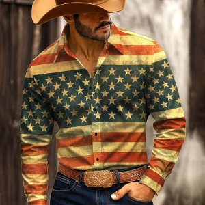 Vintage Men’s Long Sleeve Shirt American US Flag Patriotic Shirt Button Up Streetwear Casual Comfort Polyester Slim Fit Shirts