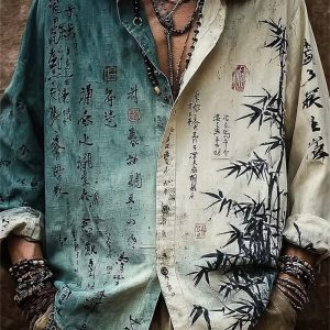 New Retro Vintage Long Sleeved Shirt With Calligraphy Octopus Print Ethnic Patchwork Lapel Casual Men’s Shirt