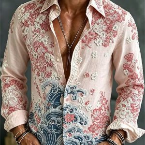 New Retro Vintage Long Sleeved Shirt With Calligraphy Octopus Print Ethnic Patchwork Lapel Casual Men’s Shirt