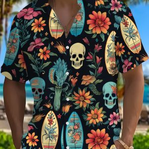 Men’s Tropical Floral Skull Surfboard Print Short Sleeve Camp Collar Shirt Retro Beach Vacation Casual Top