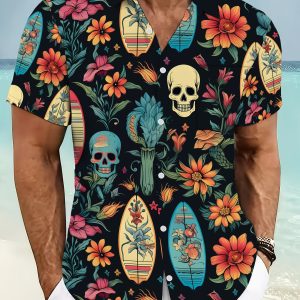 Men’s Tropical Floral Skull Surfboard Print Short Sleeve Camp Collar Shirt Retro Beach Vacation Casual Top