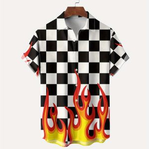 Men's Hawaiian Shirt Black White Checkered Flame Print Short Sleeve Button Down Casual Beach Aloha