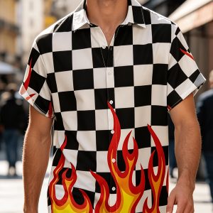 Men’s Hawaiian Shirt Black White Checkered Flame Print Short Sleeve Button Down Casual Beach Aloha