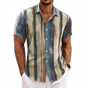Men’s Vintage Vertical Stripe Print Color Block Short Sleeve Shirt, Spring Summer Retro Casual Top, Pocket Lapel Style