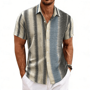 Men’s Vintage Vertical Stripe Print Color Block Short Sleeve Shirt, Spring Summer Retro Casual Top, Pocket Lapel Style