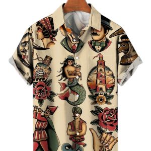Trendy Summer men’s Hawaii Beach Travel must-have Mermaid Pattern Fashion Short Sleeve Shirt
