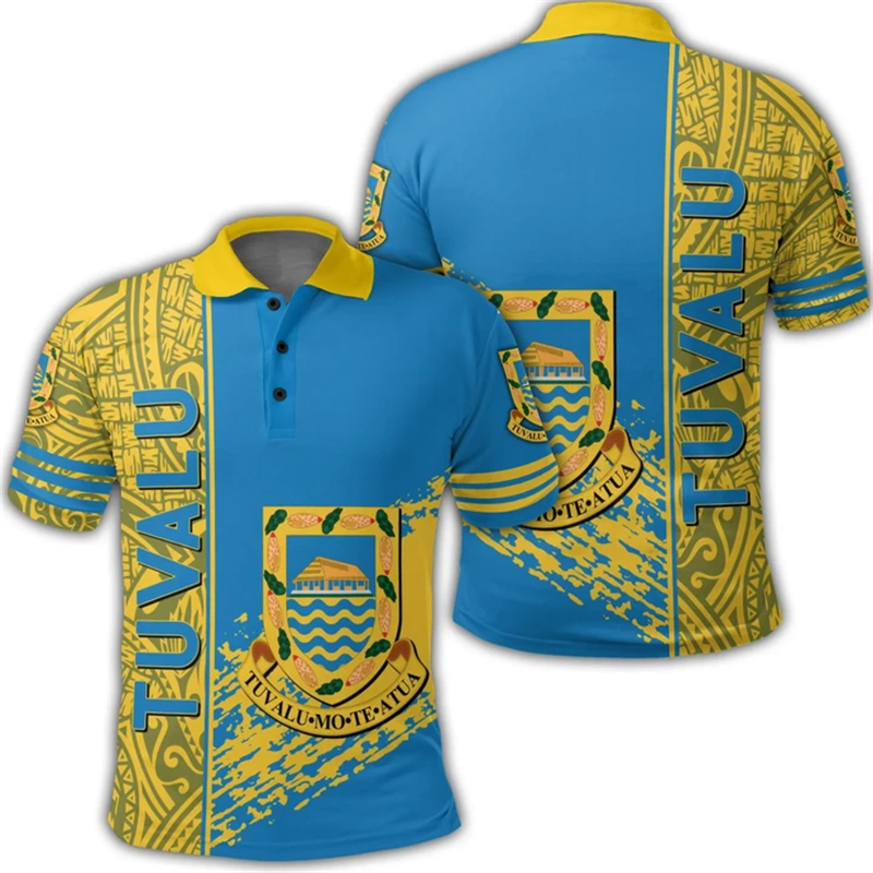 Men Shirt Tuvalu Men Polo Shirt TV National Emblem Flag 3D Print Unisex Fashion Lapel Top Oversized Loose Hip Hop Short Sleeve POLO Shirts