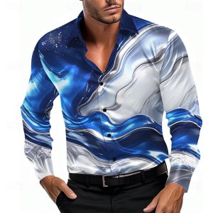 Men’s Gradient Waves Marble Shirt Dress Shirt Long Sleeve Fashion Casual Summer Spring Fall Turndown 3D Print Button Up Shirts