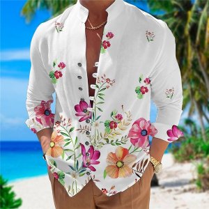 New Blue Black Gradient Wave Printed Men’s Long Sleeve Shirt Stand Up Collar Pan Button Casual Shirt