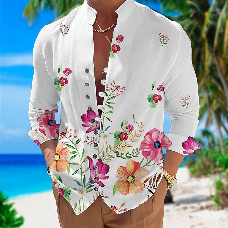 New Blue Black Gradient Wave Printed Men's Long Sleeve Shirt Stand Up Collar Pan Button Casual Shirt
