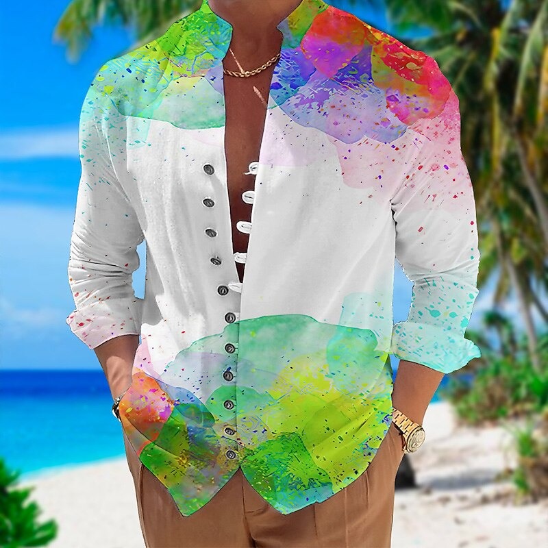 New Blue Black Gradient Wave Printed Men's Long Sleeve Shirt Stand Up Collar Pan Button Casual Shirt