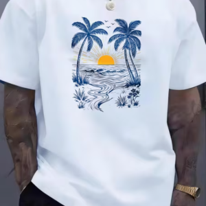 Men’s Summer Tops Casual Short Sleeve T Shirt Sunset Palm Trees Ocean Waves Daily & Travel Vacation Men’s Fashion Top Trendy Top