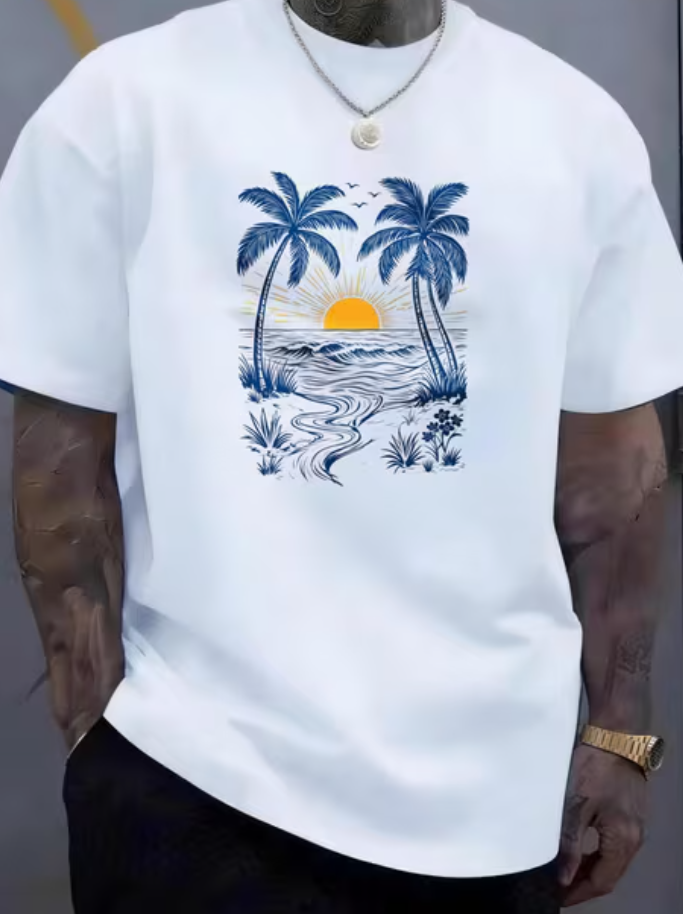 Men's Summer Tops Casual Short Sleeve T Shirt Sunset Palm Trees Ocean Waves Daily & Travel Vacation Men's Fashion Top Trendy Top