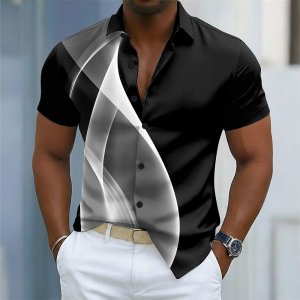 Men’s Gradient Waves Abstract Shirt Button Up Short Sleeve 3D Print Turndown Shirt Blue Red Purple Green