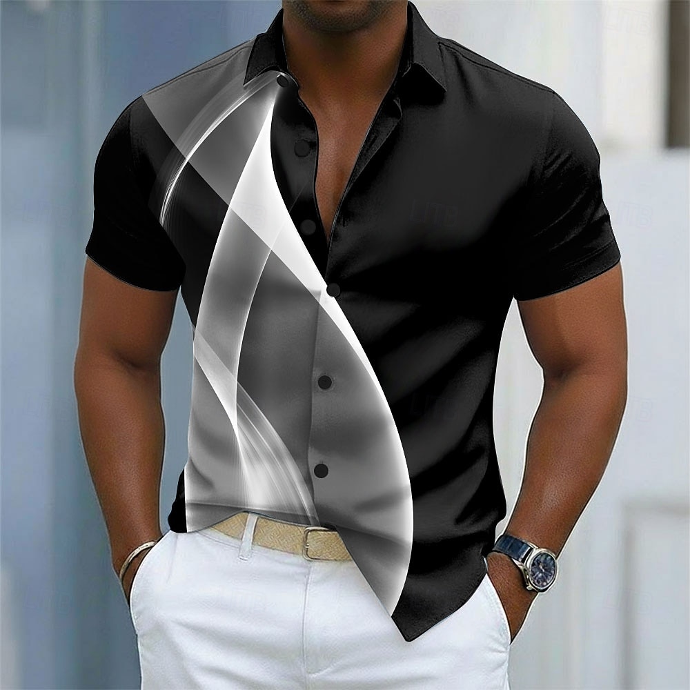 Men's Gradient Waves Abstract Shirt Button Up Short Sleeve 3D Print Turndown Shirt Blue Red Purple Green