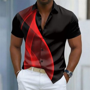 Men’s Gradient Waves Abstract Shirt Button Up Short Sleeve 3D Print Turndown Shirt Blue Red Purple Green