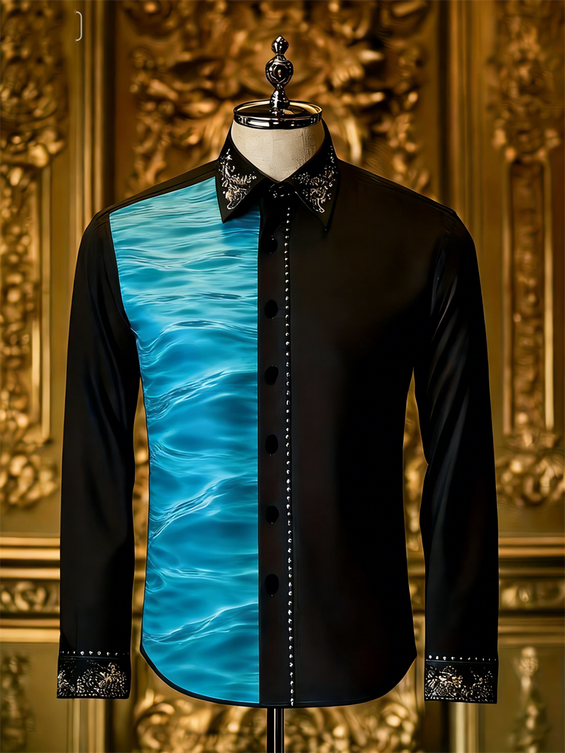 Men's wave shirt pattern New men's casual 3D printed shirt with wave pattern, fashionable and casual long sleeved collar shirt top