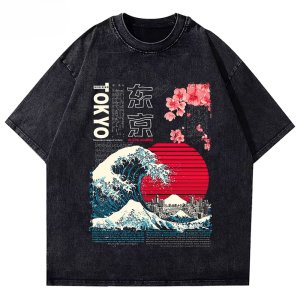 Washed Vintage Tokyo Japan Graphic T Shirt Kanagawa Wave Cherry Blossom Print Unisex Cotton Crew Neck Short Sleeve Street Tee