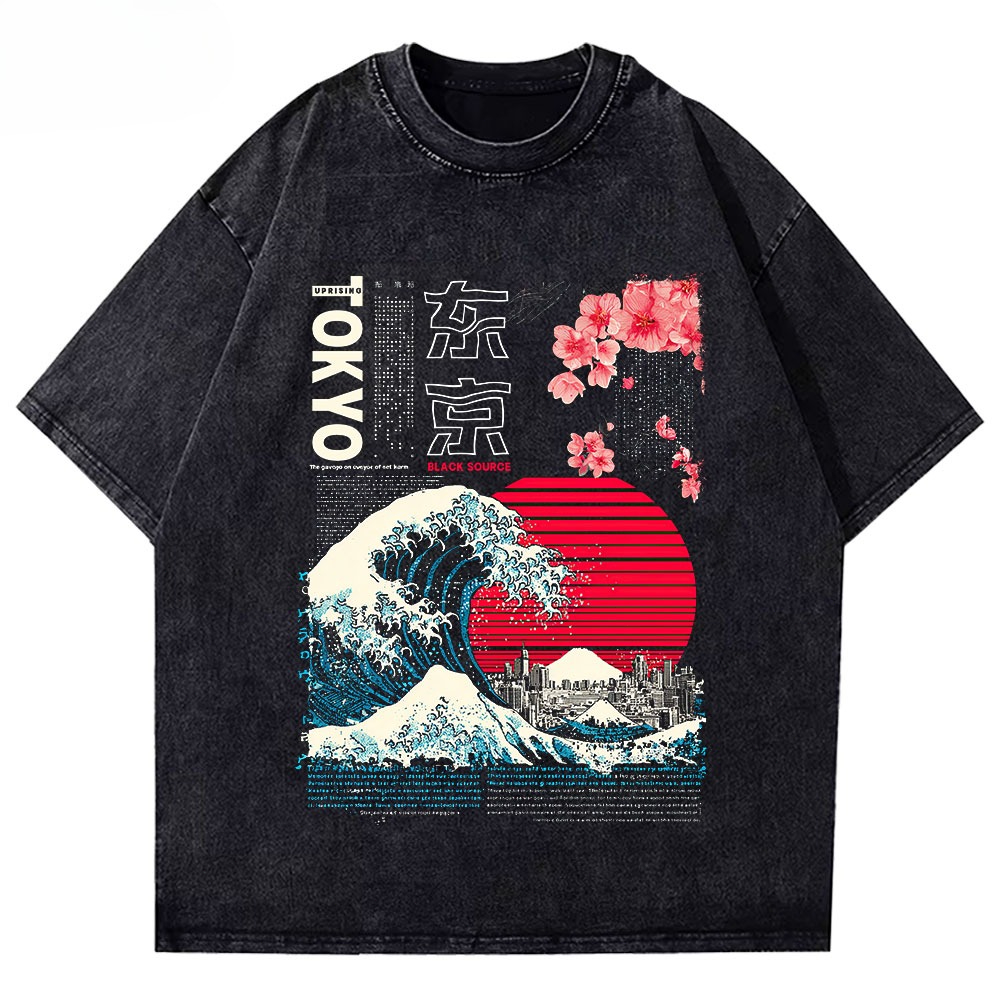 Washed Vintage Tokyo Japan Graphic T Shirt Kanagawa Wave Cherry Blossom Print Unisex Cotton Crew Neck Short Sleeve Street Tee
