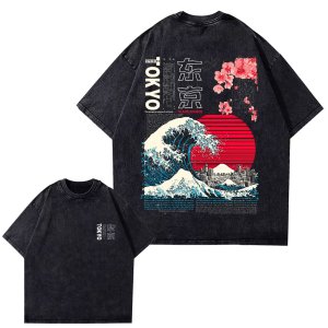 Washed Vintage Tokyo Japan Graphic T Shirt Kanagawa Wave Cherry Blossom Print Unisex Cotton Crew Neck Short Sleeve Street Tee