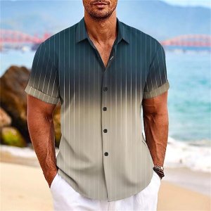 Mens Gradient Vertical Striped Short Sleeve Button Turn Collar Casual Hawaiian Beach Shirt