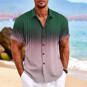 Mens Gradient Vertical Striped Short Sleeve Button Turn Collar Casual Hawaiian Beach Shirt